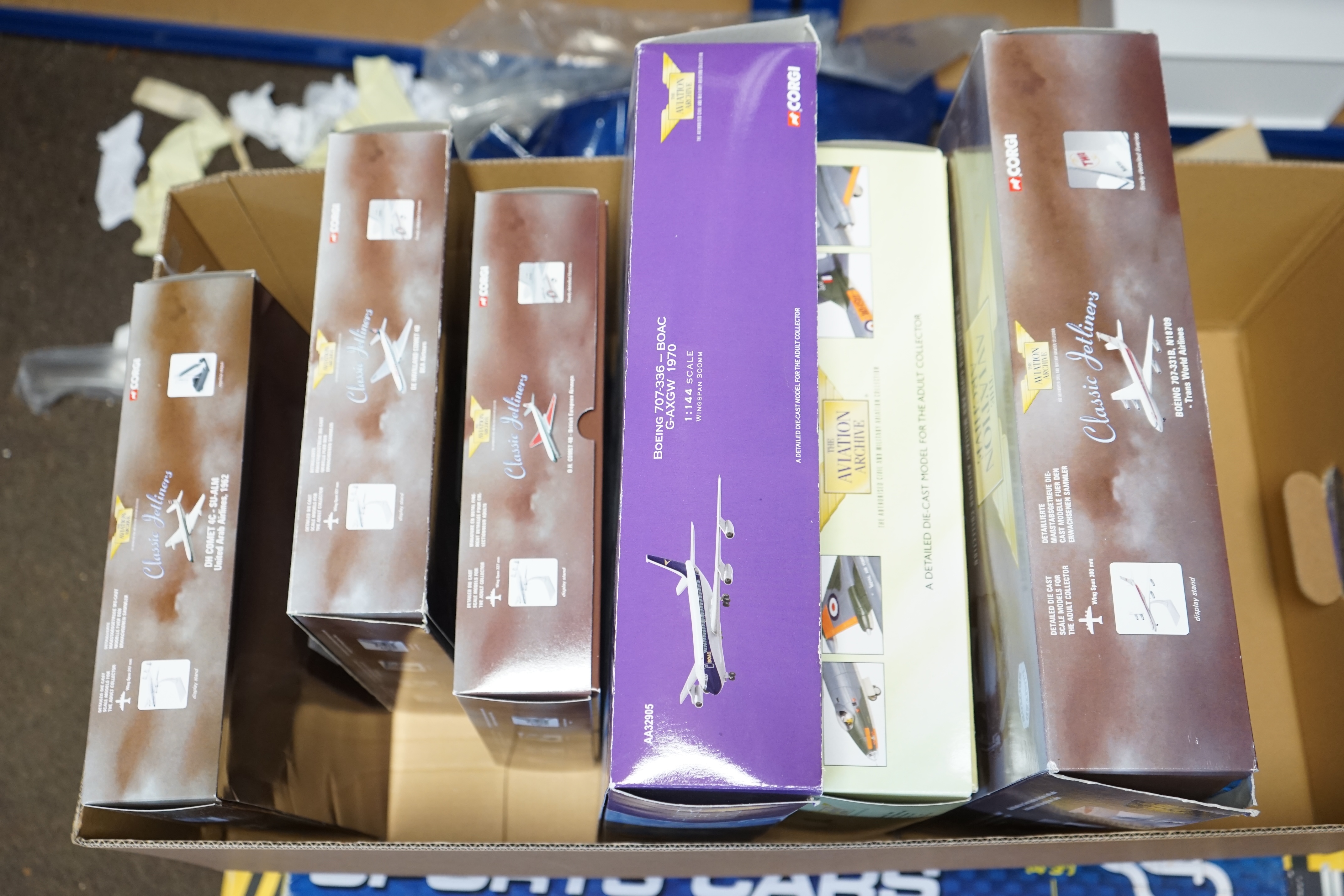 Seven boxed Corgi Aviation Archive aircraft including five Classic Jetliners series; DH Comet 4C-SU-ALM, Boeing 707-331B, Boeing 707-336C and two DH Comet 4Bs, an Airliners of the World series; Boeing 707-336, and a Birt